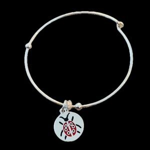 Ladybug Charm Bracelet – Silver Wire Bangle Signed Vantel Pearls